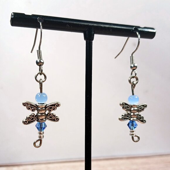 Blue Crystal Dragonfly Dangle Earrings - Picture 4 of 9